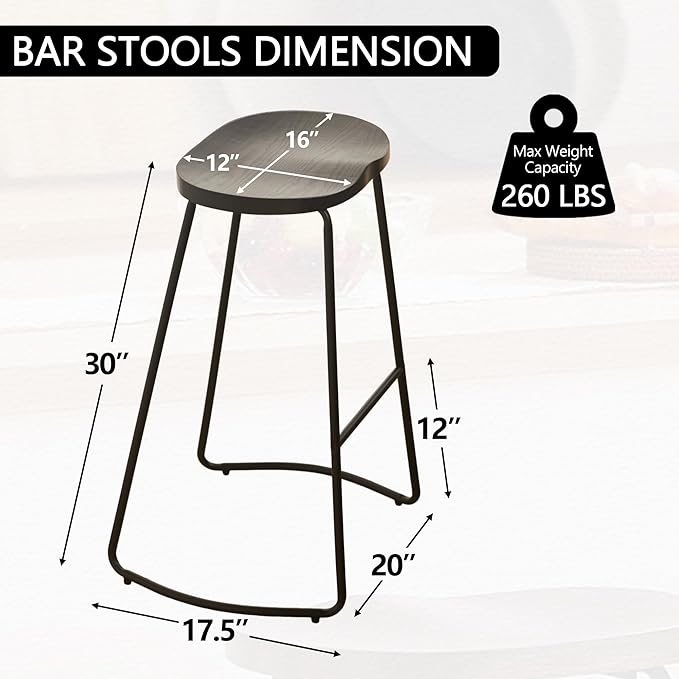 HeuGah Bar Stools Set of 3, Bar Height Wooden Bar Stools Saddle Seat, 30" Backless Barstool for Kitchen Island (Black, 3 PCS 30Inch Barstool)