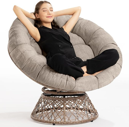 Bme 40" Ergonomic Wicker Papasan Chair with Soft Thick Cushion & Frame, 360° Swivel, Circle, Reading, Comfy Chair for Living Room, Bedroom