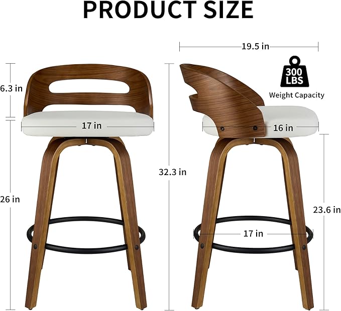 26" Swivel Bar Stools Set of 2, Mid-Century Modern Counter Height Chairs with Beige PU Leather, Curved Backrest & Footrest for Kitchen Island, Home Bar, Dining Room