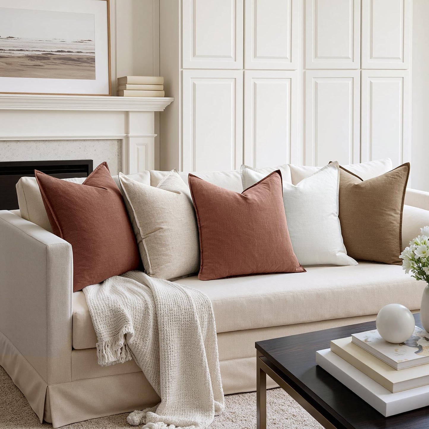 MIULEE Fall Decorative Linen Pillow Covers 18x18 Inch Rust Red Boho Farmhouse Neutral Couch Throw Pillows for Bed Pack of 2 Accent Modern Pillowcase Sofa Livingroom Home Decor