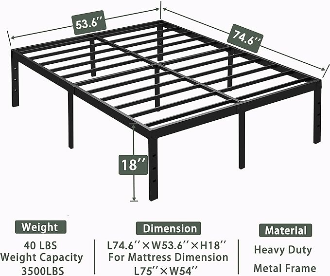 18 Inch Full Size Bed Frame Metal, Platform Bed Frame Full Size No Box Spring Needed, Easy Assembly, Heavy Duty, Noise Free