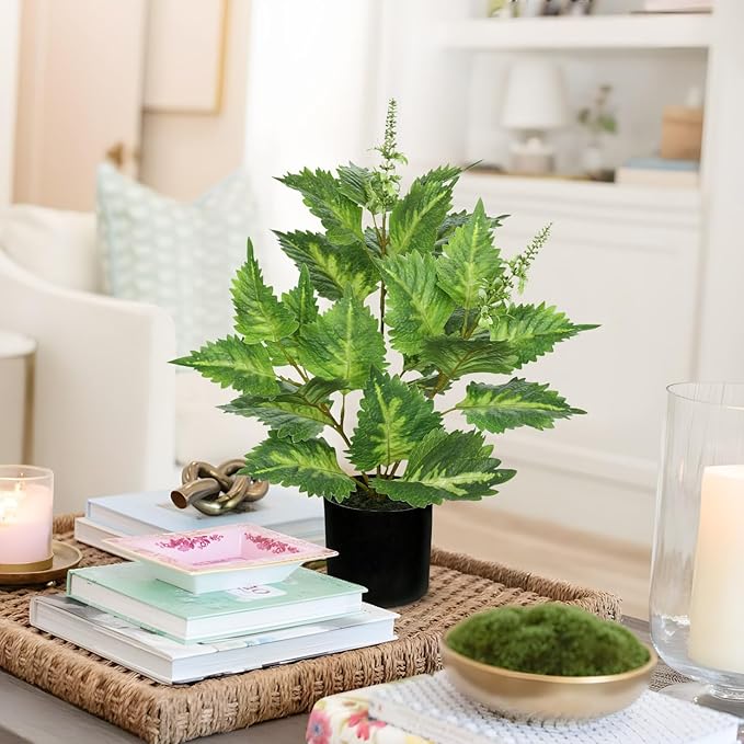 Artificial Plants Indoor with Pot 16.9" Faux Potted Perilla Plants Indoor Decorative Silk Greenery in Black Pot for Farmhouse Home Bathroom Living Room Office Table Shelf Decor