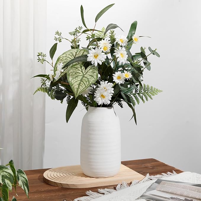 Briful White Ceramic Vase for Pampas Grass – 9.4” Tall Ribbed Modern Vase, Minimalist Farmhouse Table Centerpiece, Boho Home Decor for Dried Flowers, Shelf, Mantel & Entryway Styling