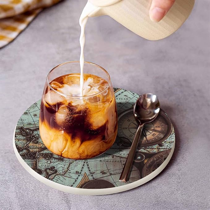 Antique Pirate Rare Items Cup Coasters for Table Retro Compass Vintage Skeleton Key World Map Adventure Reusable Drink Coasters Set 2 Pcs Coffee Home Farmhouse Living Room Bar Decor