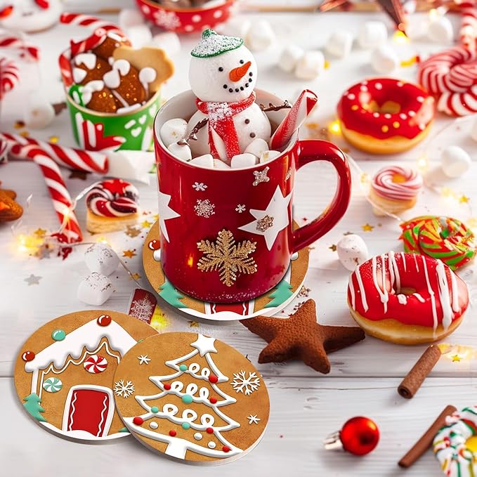 Christmas Absorbent Coasters with Holder Set of 6, Ceramic Stone with Cork Base, Cute Gingerbread Man Coaster for Drinks, Gift for Housewarming Room Bar Home Decor Kitchen