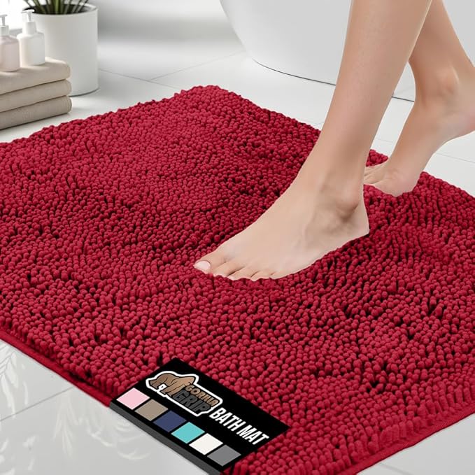 GORILLA GRIP Bath Rug Mat 36x24, Thick Soft Absorbent Chenille, Quick Dry Microfiber Mats, Rubber Backing Washable Shower Floor Rugs, Bathmat Runner, US Designed Bathroom Home Decor Accessories Red