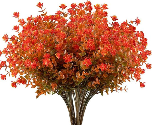 24PCS Artificial Eucalyptus Plants,Fake Boxwood Shrubs UV Resistant No Fade Faux Plastic Greenery for Wedding Bridal Bouquet Indoor Outdoor Home Garden Kitchen Office Table Vase(Fall Orange)