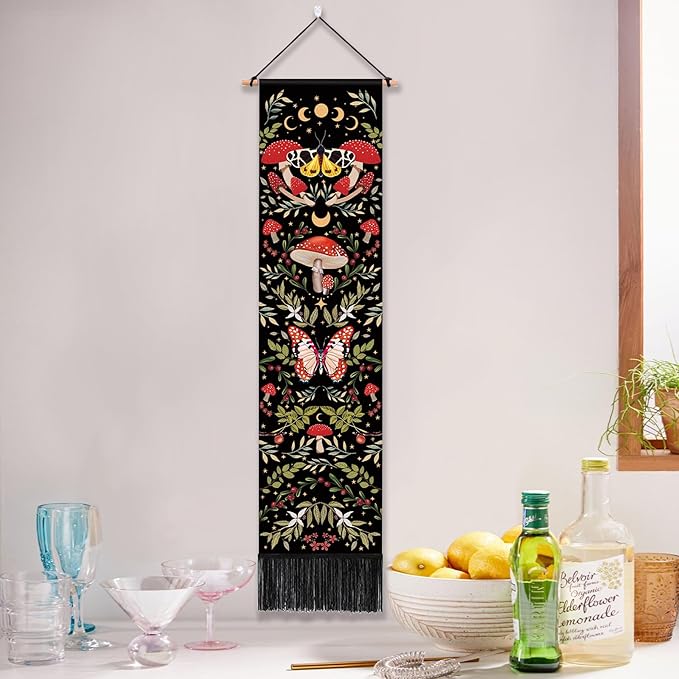 Mystical Long Tapestry Vertical Wall Hanging Cute Botanical Mushroom Moth Butterfly Bohemian Tapestry for Bedroom Aesthetic Moon Phase Plant Wall Tapestries with Tassels Black Room Decor 13x51 Inches