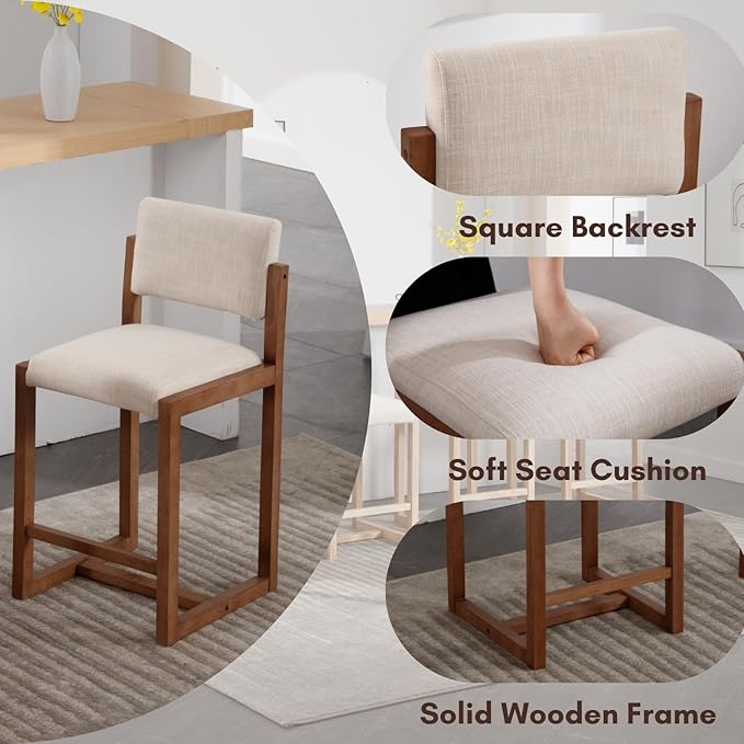 Mid-Century Bar Stools Set of 4, 26 Inch Modern Counter Stools Linen Fabric Bar Chairs with Backrest Wooden Frame for Kitchen Island Dining Room, Beige