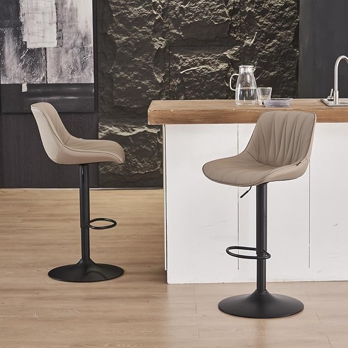 YOUNIKE Bar Stools Set of 2 for Kitchen Island, Khaki Swivel Tall Barstools, Adjustable Bar Stool with Back, Faux Leather Padded Bar Chairs, Modern Counter Height Stools with 300LBS Support