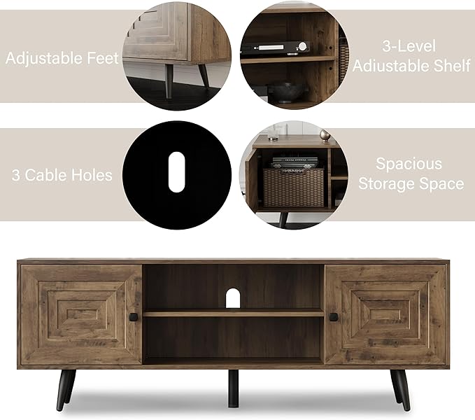 Modern TV Stand with Storage Cabinet, Wood Fashionable TV Cabinet with Waveform Panel and Adjustable Shelf, Entertainment Center TV Stand for TV, Living Room (Rustic Oak