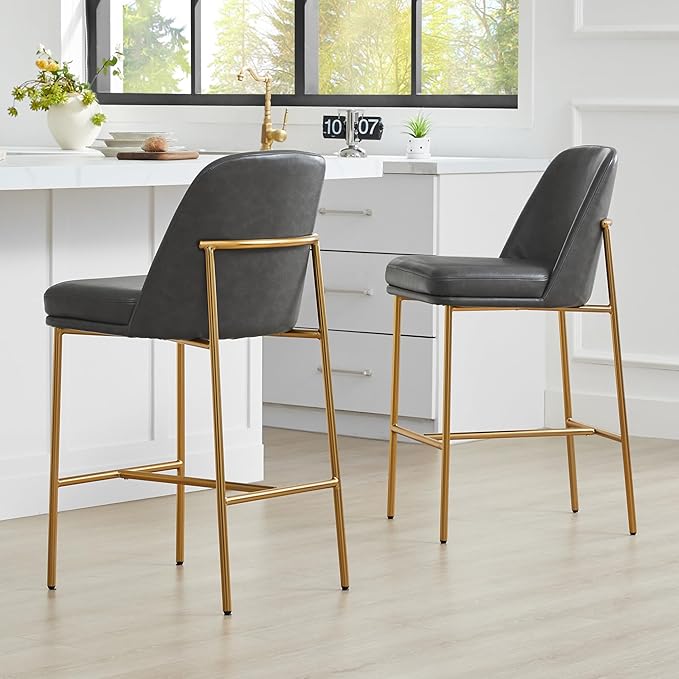 CHITA Counter Height Bar Stools Set of 2, FSC Certified Metal Barstools for Kitchen Island, 27" H Seat Height, Faux Leather, Grey