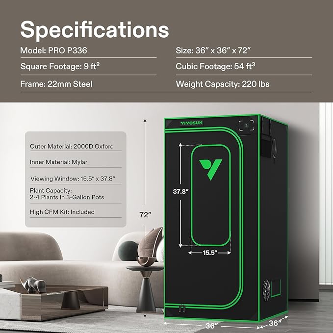VIVOSUN P336 36"×36"×72" PRO Grow Tent, with Thick 1 inch Poles, Strengthened High Reflective Mylar Oxford Fabric, Extra Hanging Bars & High CFM Kit for Hydroponics Indoor Plant for AeroLight A200SE