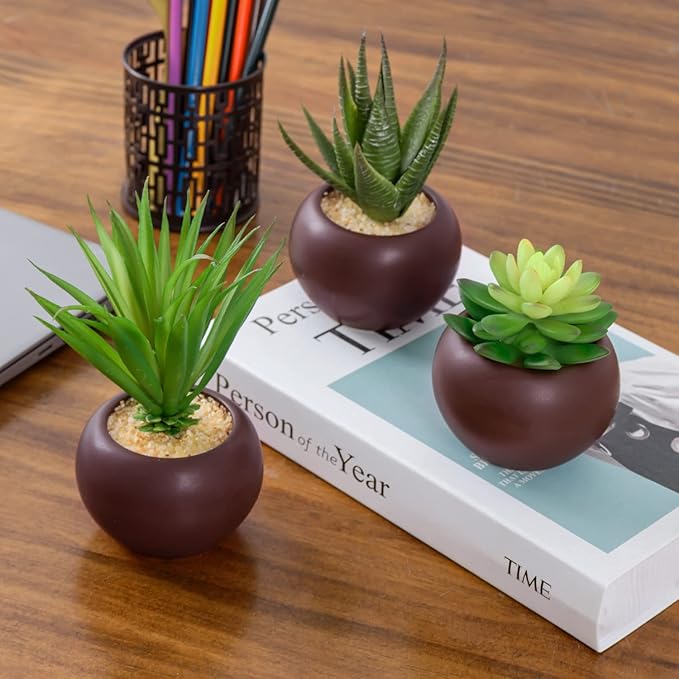 MyGift Succulents Plants Artificial, Fake Faux Indoor House Plants in Round Brown Ceramic Pots, Set of 3