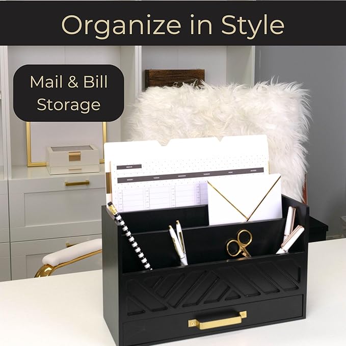 BLU MONACO Black Mail Organizer with Drawer and Gold Handle – Desktop Mail Holder and Office Supplies Storage – Home Office Desk Accessories – Letter Sorter and Paper Organizer