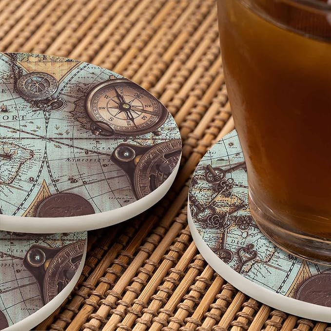 Antique Pirate Rare Items Cup Coasters for Table Retro Compass Vintage Skeleton Key World Map Adventure Reusable Drink Coasters Set 2 Pcs Coffee Home Farmhouse Living Room Bar Decor