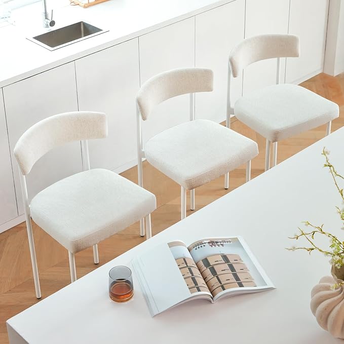 Beige Modern Bar Stools Set of 3, 24 Inch Counter Stools with Curved Backrest, Counter Height Bar Stools for Kitchen Island