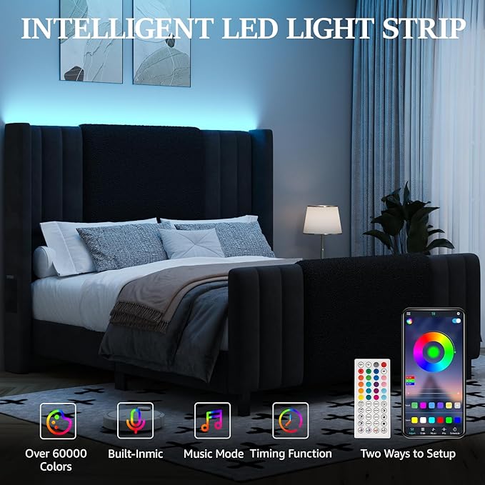 Queen Size Bed Frame with Tall Headboard and Footboard, Boucle and Velvet Upholstered Bed Frame Queen with LED Lights, Modern Platform Bed Frames, Noiseless, Easy Assembly, Black