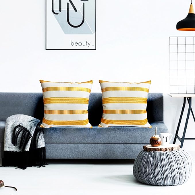Decorative Throw Pillow Covers Set of 2 Chrome Yellow Boho Striped Pillow Covers 18x18 Inch Throw Pillow Cover Linen Pillowcase Farmhouse Outdoor Pillow Covers for Couch Sofa Living Room