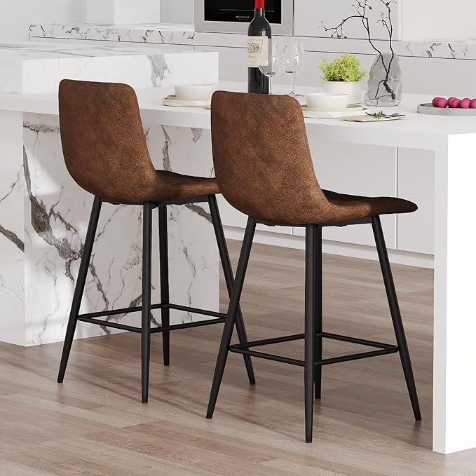 Brown Barstools Set of 2, 24.4" Counter Height Bar Stools with Back & Metal Footrest, Modern Island Chairs Set of 2 for Kitchens Island Home Bar