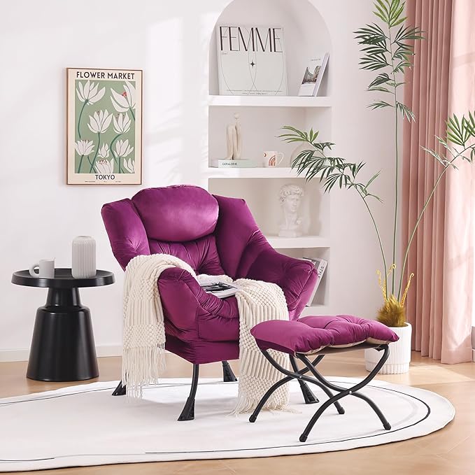 Welnow Lazy Chair with Ottoman, Modern Lounge Accent Chair with Armrests and a Side Pocket, Leisure Sofa Armchair Set, Reading Armchair with Footrest for Small Space, Dark Purple