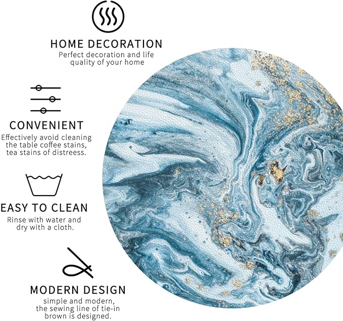 Ocean Gold Sky Blue Marble Coasters Set of 6 Coasters for Drinks Absorbent Double-Sided Leather PVC Coaster for Tabletop Protection Coffee Table Decor Ideal for Home Decor House Warming Gifts