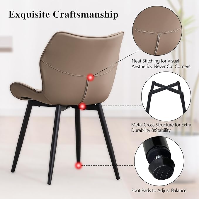 YOUNIKE Dining Chairs Set of 2, Upholstered Leather Kitchen Dining Room Chairs, Modern Living Room Chairs with Wide Curved Back and Metal Legs, Khaki Taupe