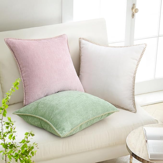 decorUhome Chenille Soft Throw Pillow Covers 12x20 Set of 2, Lumbar Velvet Farmhouse Neutral Decorative Euro Pillow Covers with Stitched Edge for Couch Sofa Bed Home Decor, Sage Green
