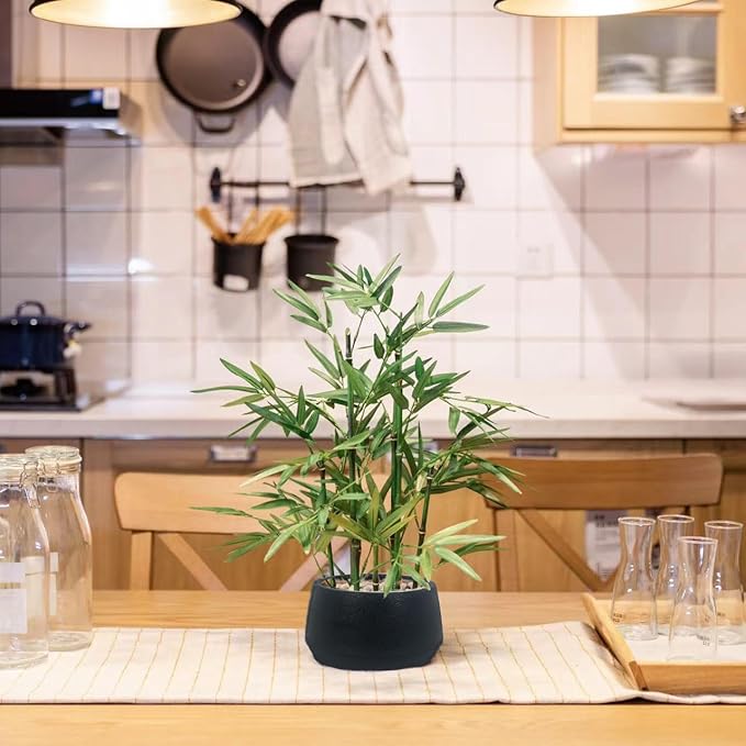 365 Blooming Decor 18-inch Tall Potted Faux Bamboo Plant (Black Pot) - Luxury Artificial Bamboo in Black Textures Pot for Home, Office, Kitchen, Counter Top, Indoor Decor, Money Tree, Lucky Tree