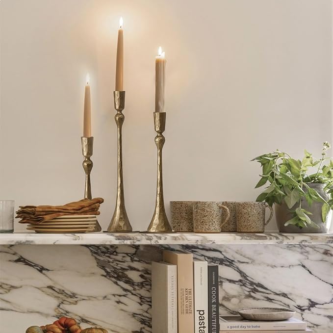 Vintage Cast Iron Taper Candle Holder - Set of 3 Decorative Candle Stand, Candlestick Holder for Wedding, Dinning, Party (Antique Brass)