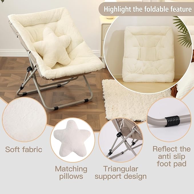 Welnow Comfy Saucer Chair, Oversized Folding Reading Chair for Adults with Throw Pillow Soft Faux Fur Lounge Chair for Bedroom Furry Accent Chair for Living Room, Dorm Rooms, Beige
