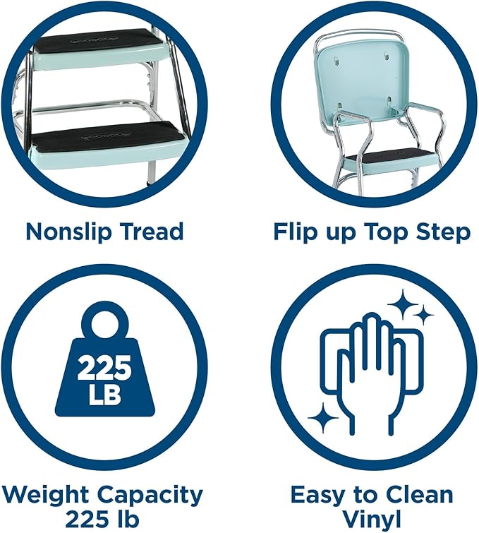 COSCO Stylaire Retro Chair + Step Stool with Flip-Up Seat, Teal