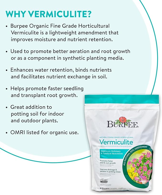 Burpee Organic Horticultural Add to Potting Soil | Ideal for Seed Starting, Water Retention and Plant Propagation | 100% Natural | 8 Quart, 1-Pack, Vermiculite (8qt)