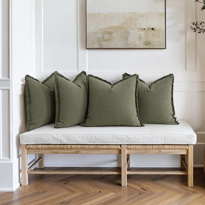 MIULEE Decorative Couch Pillow Covers Neutral Linen Fringe Throw Pillows Set of 4 Boho Farmhouse Cushions Soft Accent Pillowcases for Bed Couch Sofa Living Room Home Decor 18x18 Inch Olive Green