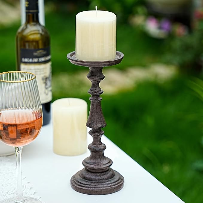 Sungmor Rustic Cast Iron Pillar Candle Holder, 9.6" Tall Vintage Candlestick Holders, Table Centerpiece Metal Candle Holder, Farmhouse Candle Stand for Fireplace Shelf Home Decor