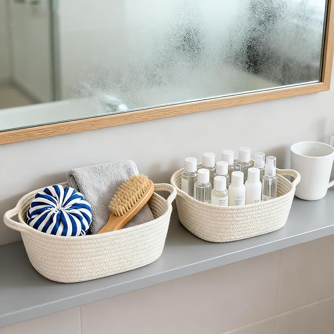 5-Piece Storage Shelf Basket Set, Natural Cotton Rope Woven Basket with Handles, Decorative Rectangle Organizer Bin for Home, Nursery, Montessori, Pet Toy Storage and Bathroom Organization, White