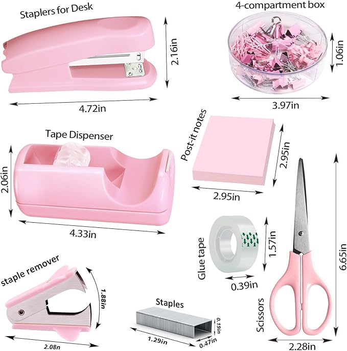 Pink Office Desk Accessories, Pink Office Supplies Set, Desk Drawer Organizer,Stapler and Tape Dispenser Set,Tape,Staple Remover, Staples, Paper Clips, Scissor and Sticky Note