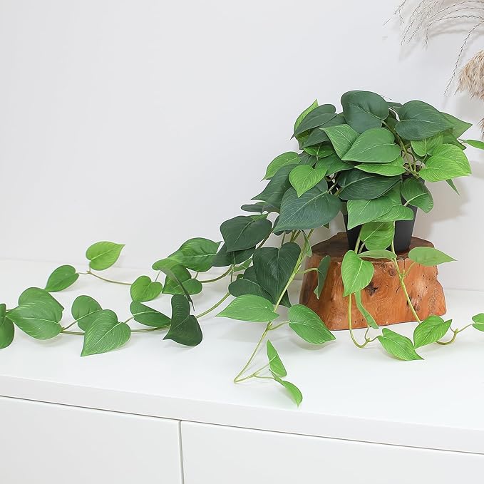 Fake Pothos Hanging Plants – Set of 2 Faux Ivy Vines with Pots, Realistic Silk Devil’s Ivy for Indoor Décor, Low Maintenance Artificial Greenery for Home or Office (Green)