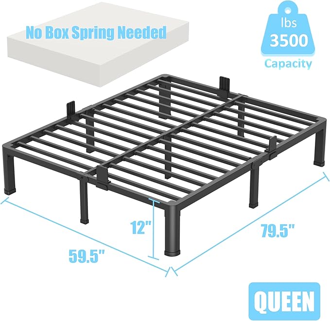 FUIOBYVV 12 Inch Queen Bed Frame with Round Corner Edge Legs 3500 lbs Metal Heavy Duty Steel Slats Support No Box Spring Needed Platform Noise Free Easy Assembly
