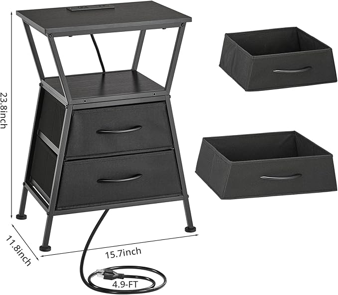 Nightstand with Charging Station, Side Tables for Bedroom with Built-in USB Side Table with 2 USB Ports and Outlets Nightstand with Cloth Drawer End Tables Living Room Sofa Couch