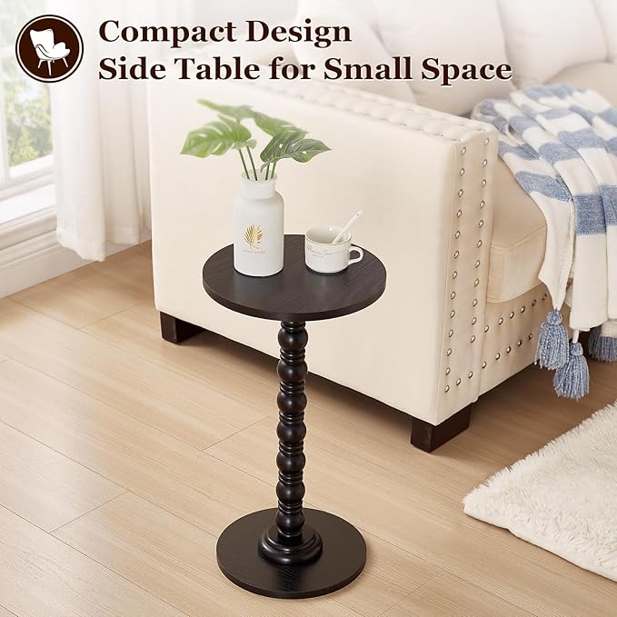 Round Side Table,Stable Small Drink Table for Small Spaces, Modern Accent Side Table with Solid Rubber Wood Table Leg,Easy Assembly for Living Room, Bedroom, Sofa & Office Corners-Black