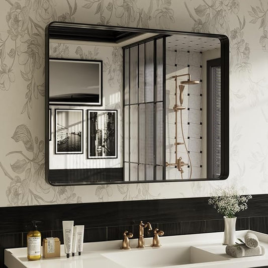 ISKM Black Bathroom Mirror for Wall 44" x 32" Matte Black Framed Vanity Mirror, Shatter-Proof, Tempered Glass, Rounded Rectangle Mirror(Horizontal/Vertical)