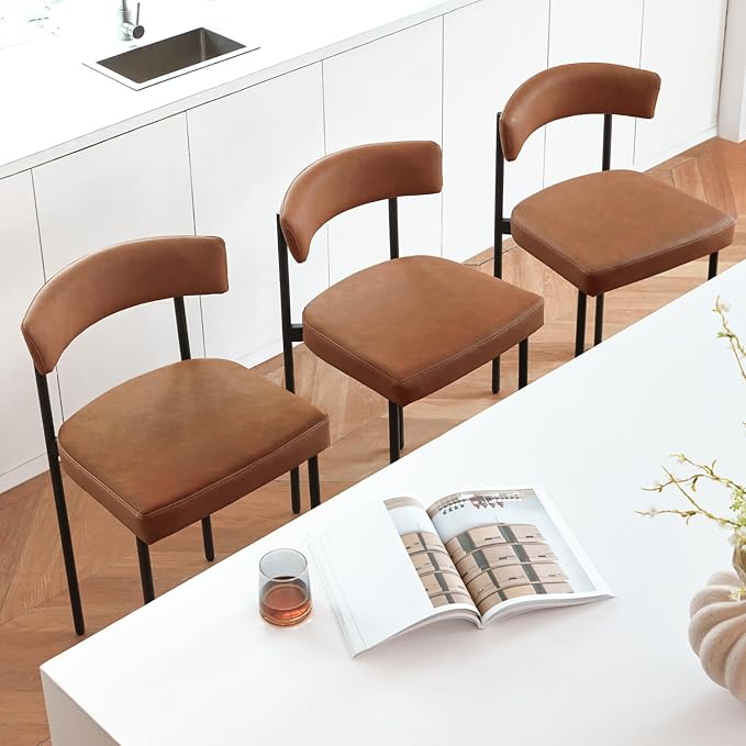 Brown Modern Bar Stools Set of 3, 24 Inch Faux Leather Counter Stools with Curved Backrest, Counter Height Bar Stool for Kitchen Island