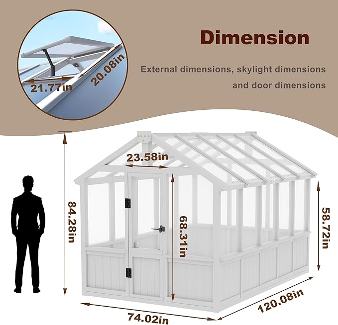6x10 FT Green House for Outdoor, Thicken Polycarbonate Panel Wooden Walk-in Greenhouse Kit with Lockable Door and Adjustable Roof Vent, Backyard Garden, White