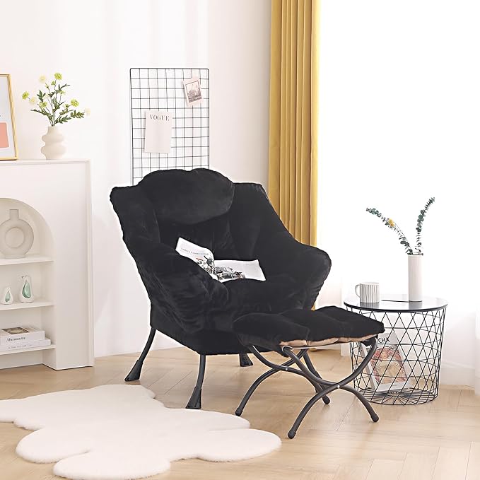 Welnow Lazy Chair with Ottoman, Modern Lounge Accent Chair with Armrests and a Side Pocket, Leisure Sofa Armchair, Reading Armchair with Footrest for Small Space, Plush Black