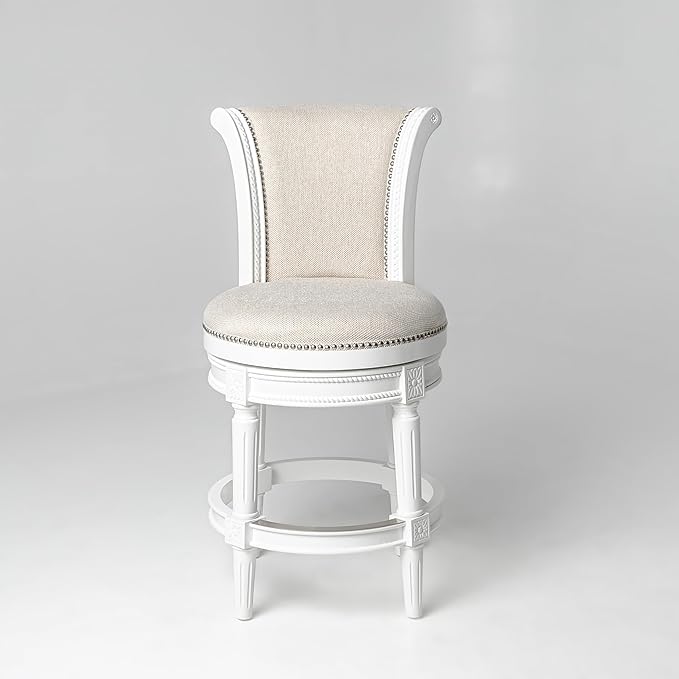 Maven Lane Pullman Counter Stool 26 Inches – Swivel Stool with Footrest – White Solid Wood Frame & Natural Fabric Upholstery – Perfect for Kitchen Islands & Counters