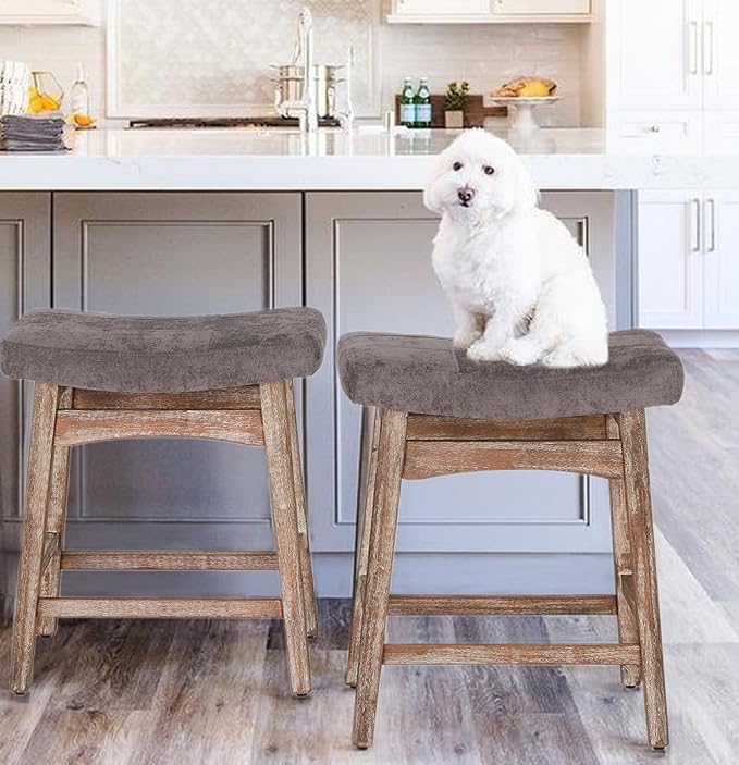 PHI VILLA Farmhouse Bar Stools Set of 3 - Wood Bartools with Upholstered Saddle Seat, 24 inch stools for Kitchen Counter Set of 3