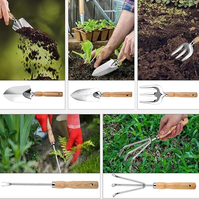5-Piece Garden Tool Set, Heavy-Duty Rust-Resistant Stainless Steel with Ergonomic Non-Slip Wooden Handles – Durable Gardening Tools Gift, Includes Trowel, Transplanter, Hand Fork, Cultivator & Weeder