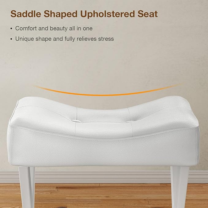18-Inch Leather Vanity Stool Chair, Vanity Bench with Metal X-Leg, Ottoman Accent Stool with Thick Padded Saddle Seat, White