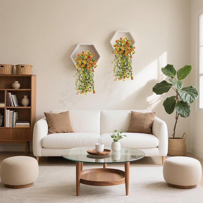 Artificial Flowers for Outdoors Decoration, 2 Pcs Outdoor Faux Plants Daisy with Eucalyptus Leaves Fall UV Resistant Fake Flowers Hanging Planters for Front Porch Patio Yard Door Garden Home Decor